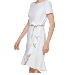 White Calvin Klein short sleeved fit and flare high low dress